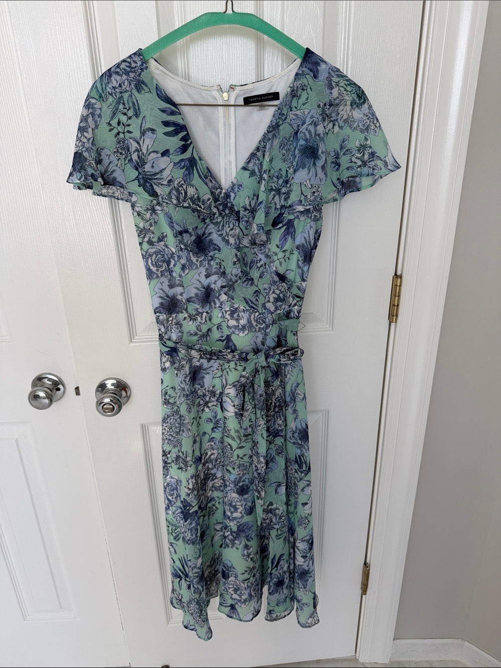 Tommy Hilfiger Mint Floral Wrap Dress with Navy Print